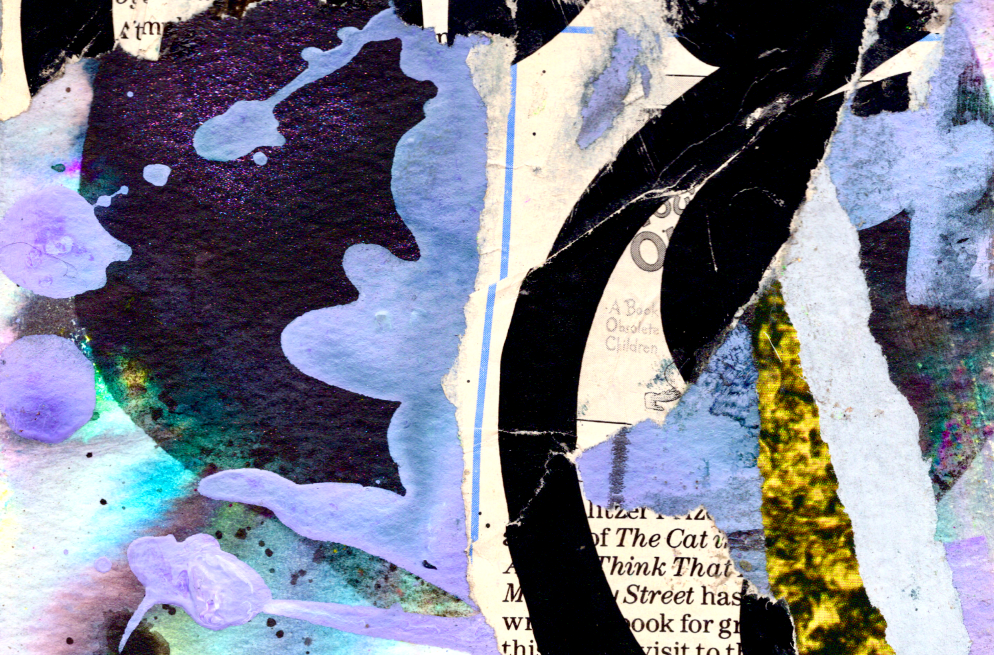 Abstract mixed-media artwork featuring layered black brushstrokes over a collage background of torn newspaper text, pastel purple and lavender washes, and splashes of turquoise, yellow, and white.